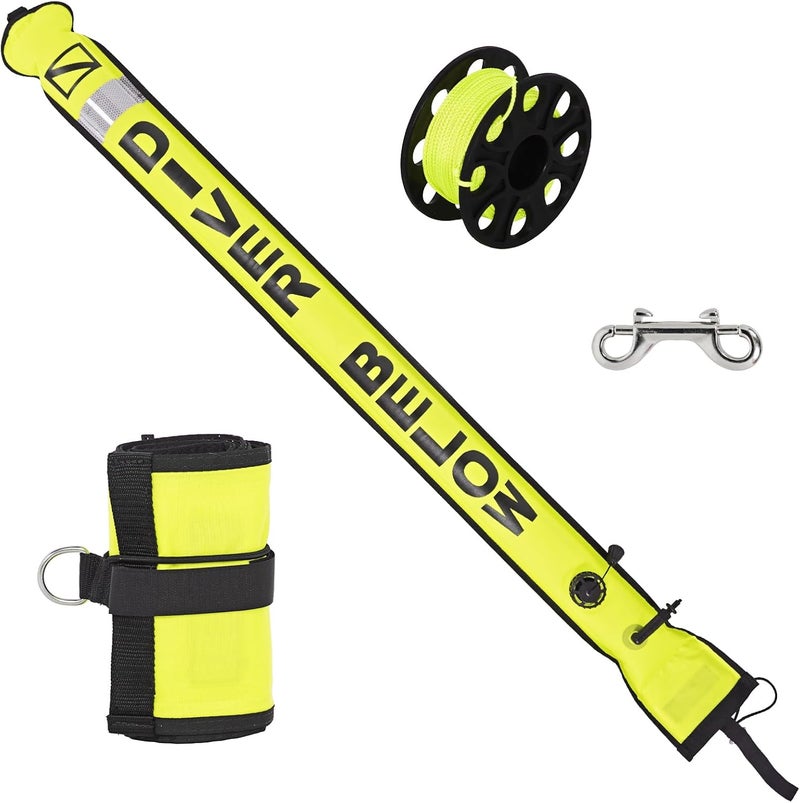 JUSTOOP Store 5ft Surface Marker Buoy Set, Inflatable Scuba Signal Tube with Reflective Strip, Scuba Diving Open Bottom Float (SMB) for Underwater Diving Snorkeling with 100ft Diving Spool Reel and Clip - Image 1